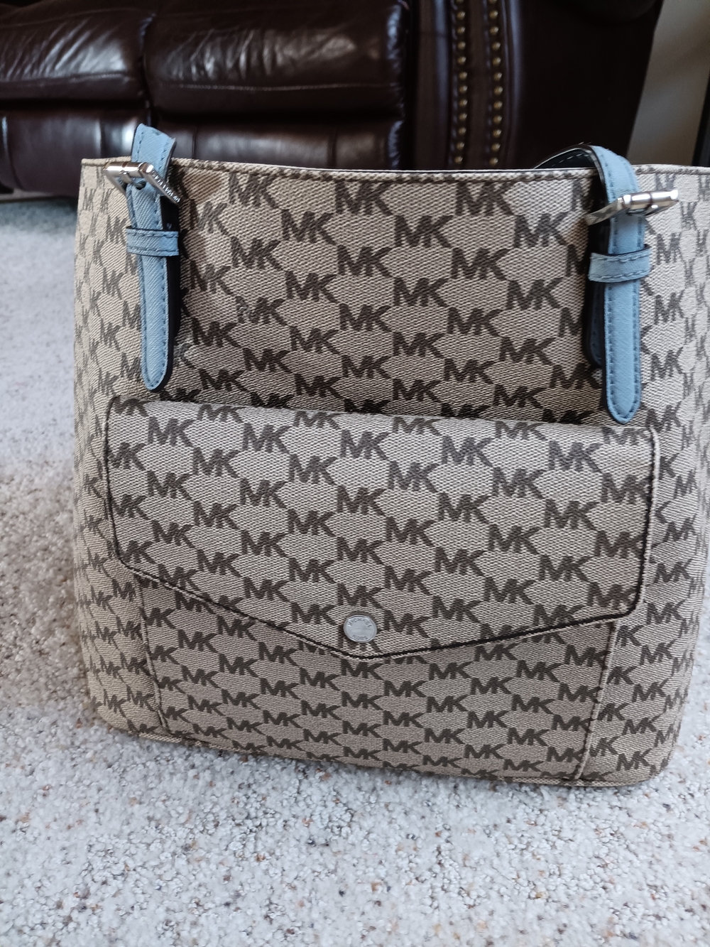 Michael Kors Beige MK Logo Shoulder Bag with Light Blue Trim